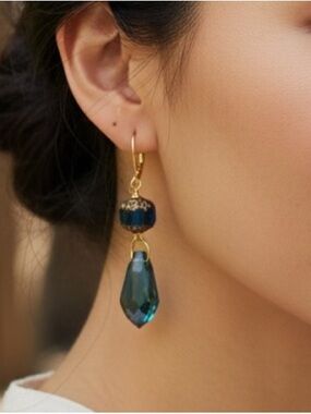 HAND CRAFTED MIDNIGHT BLUE CATHEDRAL & PRISM GLASS DROP EARRINGS